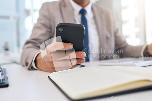 Image of Business man, hands and typing with phone at desk for social network contact, mobile internet or search media. Closeup, office worker and smartphone for information on digital app, technology or chat