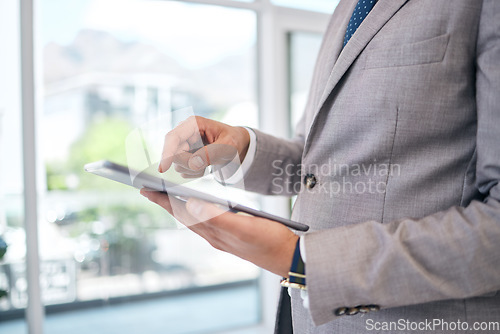 Image of Hands, tablet and professional man with research in office for project management for career. Closeup, typing and online app with business person in company for communication on email or website.