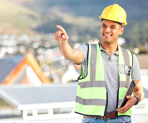 Image of Construction, man and pointing for inspection, civil engineering and property site in city with tablet. Happy contractor, architect and show development of buildings, urban project and infrastructure