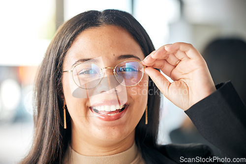 Image of Eye care, happy and portrait of woman with glasses for eyesight, prescription lens frame or optical vision support. Face accessory, happiness and female person smile for high quality eyeglasses