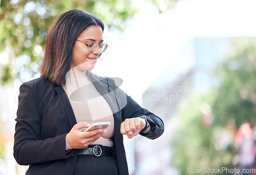 Image of Professional, woman and checking time in outdoor for meeting at office with cellphone for appointment. Schedule, planning and professional female looking at watch in city before interview in street.