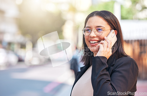 Image of Happy, phone call and business woman in city for communication, networking and contact. Technology, conversation and professional with female employee in outdoors for chat, connection and online