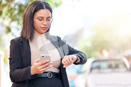 Image of Business, woman and checking time in city with phone for schedule for meeting with planning in morning. Appointment, professional female and looking at watch in street for interview in outdoor.