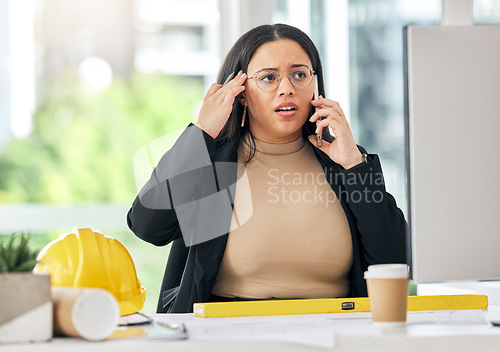 Image of Stress, phone call and architecture with business woman in office for anxiety, communication and building plans. Frustrated, engineer and blueprints with employee for construction, fail and problem