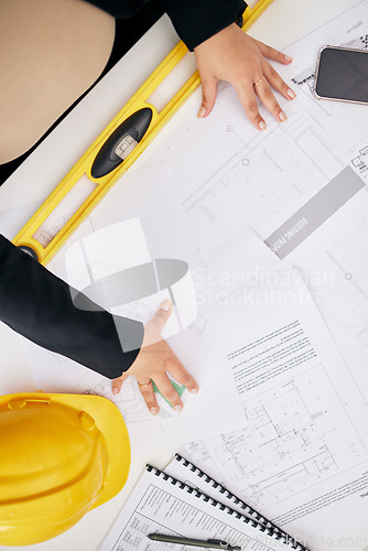 Image of Blueprint paperwork, architect hands and person review development project, floor plan or design info. Illustration, top view documents and planning developer analysis of architecture engineering