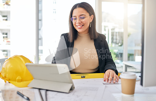 Image of Tablet, research or happy architect, woman and work on property development, business project illustration or design. Engineer, floor plan architecture or office person check online graphic sketch