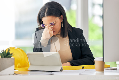 Image of Mental health, architect burnout and woman stress over development project, floor plan analysis or design. Sad, headache problem and business person depressed about architecture engineering mistake