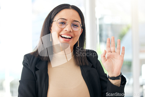 Image of Video call, happiness or business woman greeting, wave hello and happy for HR management work, job or career. Corporate company, face portrait or professional person welcome in human resources office