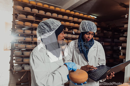 Image of Arab business partners checking the quality of cheese in the industry and enter data into a laptop. Small business concept