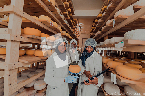 Image of Arab business partners checking the quality of cheese in the industry and enter data into a laptop. Small business concept