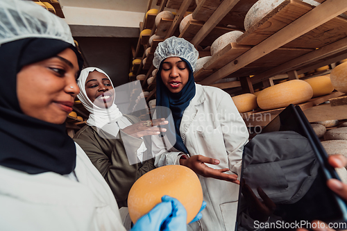 Image of Arab business partners checking the quality of cheese in the industry and enter data into a laptop. Small business concept