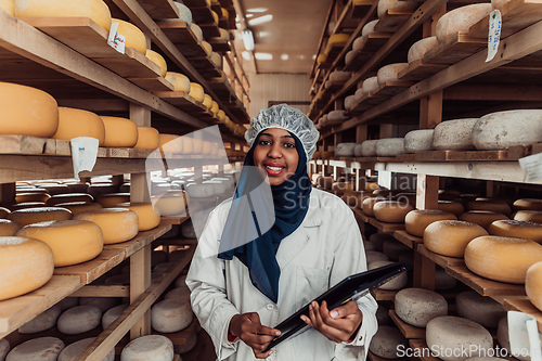 Image of African American Muslim businesswoman checking product quality and entering data into a laptop at a local cheese manufacturing company