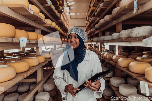Image of African American Muslim businesswoman checking product quality and entering data into a laptop at a local cheese manufacturing company