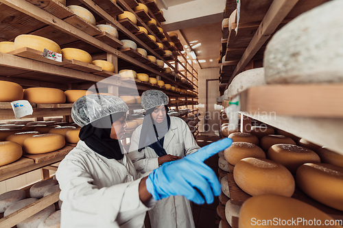 Image of Arab business partners checking the quality of cheese in the industry and enter data into a laptop. Small business concept