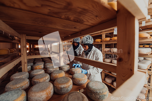 Image of Arab business partners checking the quality of cheese in the industry and enter data into a laptop. Small business concept