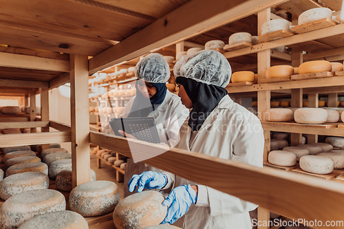 Image of Arab business partners checking the quality of cheese in the industry and enter data into a laptop. Small business concept