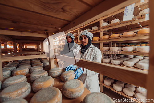 Image of Arab business partners checking the quality of cheese in the industry and enter data into a laptop. Small business concept