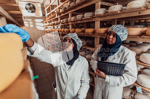 Image of Arab business partners checking the quality of cheese in the industry and enter data into a laptop. Small business concept