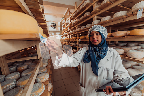 Image of African American Muslim businesswoman checking product quality and entering data into a laptop at a local cheese manufacturing company