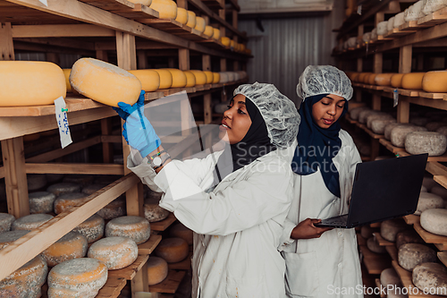 Image of Business of a Muslim partners in a cheese warehouse, checking the quality of cheese and entering data into laptop