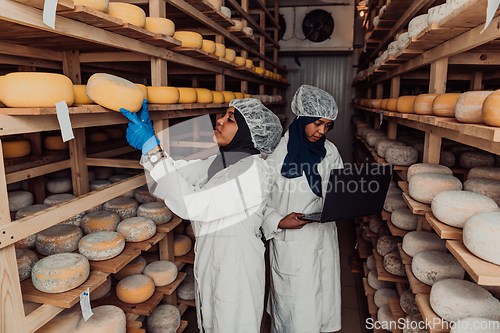 Image of Business of a Muslim partners in a cheese warehouse, checking the quality of cheese and entering data into laptop