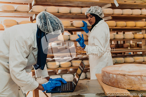 Image of Muslim business partners checking the quality of cheese in the modern industry