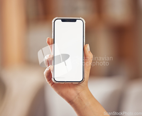 Image of Hand, phone and blank or mockup screen for advertising website, internet connection or network. Person with a smartphone and space for ux, mobile app ui or digital marketing and branding promotion