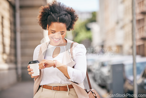 Image of Happy, woman and time for coffee break in the city before business, meeting and check watch in urban, town or outdoor. Work, schedule and African businesswoman walking in morning to corporate office