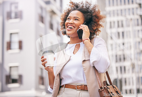 Image of Phone call, woman and coffee break in the city for business, meeting and conversation, communication or network connection. Work, discussion and African businesswoman walking in morning to office