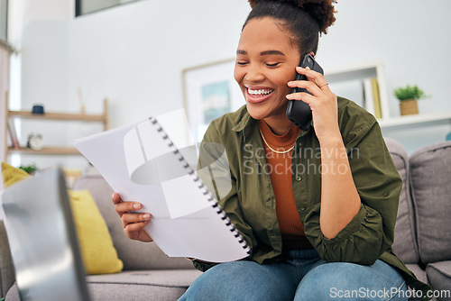 Image of Phone call, documents and remote work with a freelance woman on a sofa in the living room of her home. Contact, contract and information with a happy young female entrepreneur talking on her mobile