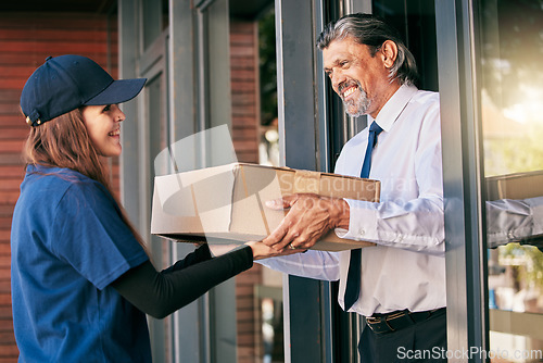Image of Delivery, box and business man at front door for package, ecommerce and supply chain. Shipping, cargo and logistics with courier woman and customer for exchange, distribution and mail postage