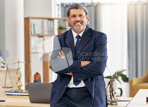 Image of Portrait, lawyer and arms crossed with smile man in office for legal advice at law firm. Attorney, judge and male person with confidence as a work professional at consulting agency with happy face.