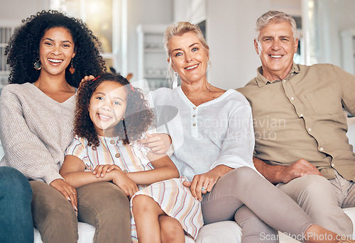 Image of Portrait, family and grandparents, kid and mother in home, bonding and relax together in living room. Interracial mom, grandpa and grandma with girl, smile and happy with care, love and quality time