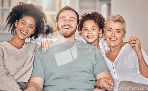 Image of Portrait, family and parents, grandmother and kid in home, bonding and relax together in living room. Face, father and mother, girl and grandma with interracial love, happy or smile for care in house