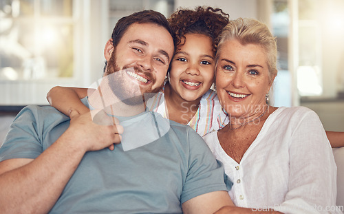 Image of Portrait, happy family and grandmother, kid and father in home, bonding and relax together in living room. Face, smile and dad, girl and grandma with care, love and interracial for adoption in house