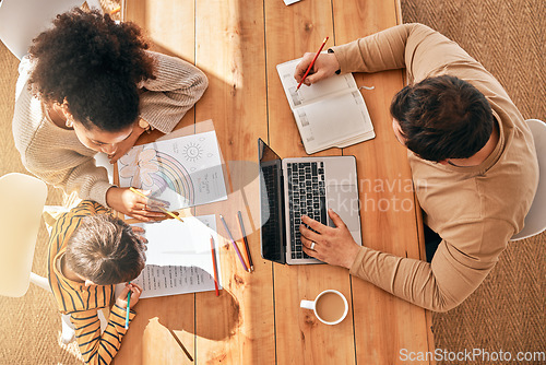 Image of Above, family and homework with remote work at a table for learning, business and busy together. Care, house and father, child and mother with laptop, teaching and help with education by parents