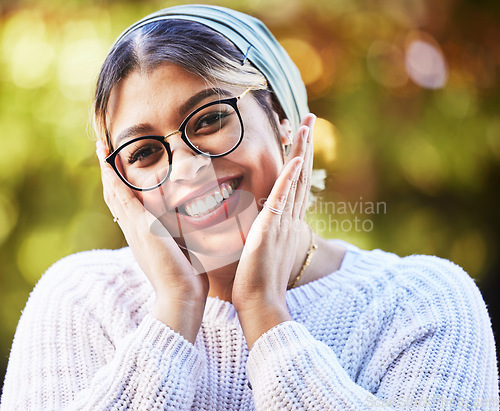 Image of Portrait, smile and girl in outdoor or nature with glasses in summer with beauty or freedom. Nerd, happy and face with student at park with peace or positive mindset for fashion with turban scarf.