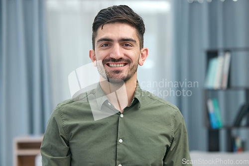 Image of Smile, intern and accountant man in an office happy for company profit and financial goals in a business. Employee, worker and portrait of a young businessman confident for startup finance mission