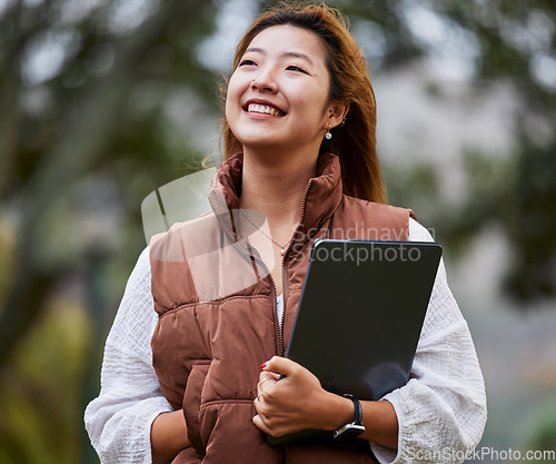 Image of Smile, thinking and a woman with a tablet in nature for communication and entrepreneurship vision. Happy, relax and a young Asian girl or entrepreneur with technology in a park for freelance ideas