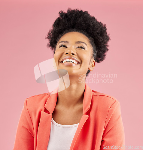 Image of Business woman, happy and laugh in studio with smile feeling excited and proud from advertising job. African female person, funny and pink background with creative success and professional employee