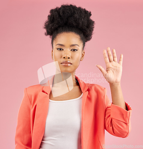 Image of African woman, hand and stop in portrait, studio or opinion for protest, vote or icon by pink background. Girl, open palm and sign language with voice, emoji and afro with review, feedback or warning