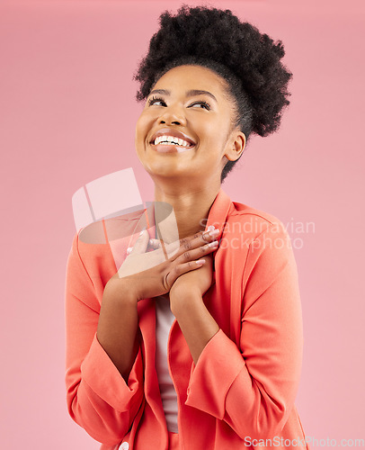 Image of Business woman, proud and studio with a smile feeling excited and happy from advertising job. African female person, worker and pink background with creative employee with confidence of professional