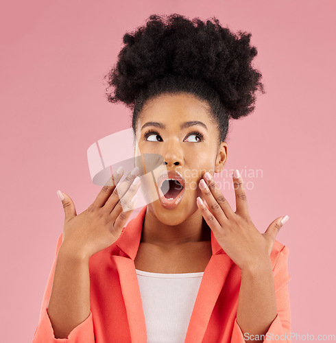 Image of Wow, surprise and thinking with a black woman in shock for beauty or idea in studio or pink background with a choice or planning. Shocked, face and person with question about skincare or fashion