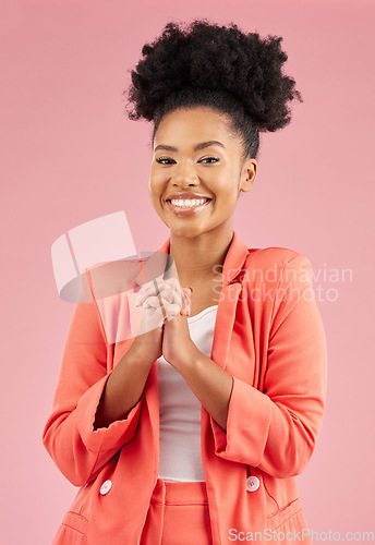 Image of Business woman, happy and portrait in studio with a smile feeling excited and proud from advertising job. African female person, worker and pink background with creative employee with confidence