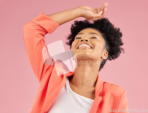 Image of Fashion, beauty and thinking with a black woman laughing in studio isolated on pink background for trendy style. Smile, hair and comedy with a happy young female comic posing in a clothes outfit