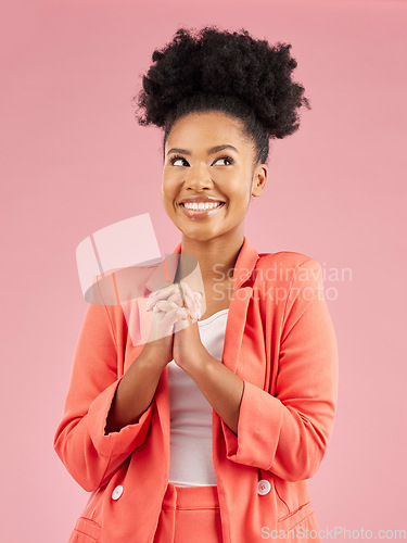 Image of Business woman, happy and studio with a smile feeling excited and hope from new job. African female person, worker and pink background with confident creative employee and thinking of wish and dream