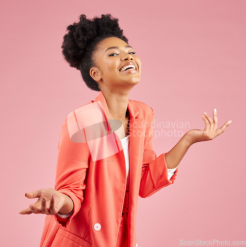 Image of Smile, excited and portrait of a woman in a studio with a doubt, choice or decision gesture. Happy, confident and young African female model with a dont know expression isolated by a pink background.