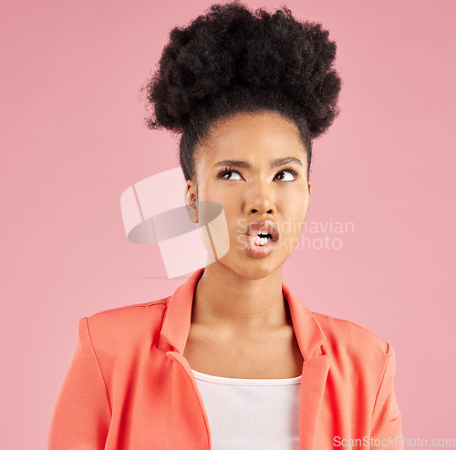 Image of Confused, black woman and thinking about a beauty idea in studio or pink background with a decision, choice or planning. Question, face and person curious about skincare or solution for fashion