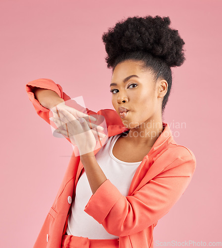 Image of Portrait of black woman, hands and money gesture in studio for wealth, financial success or celebrate bonus prize on pink background. Lottery, celebration or hand sign for spending cash or bills