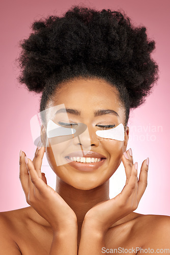 Image of Woman, hyaluronic acid or eyes pad for beauty, cosmetic or skin product in studio by pink background. African girl, model or facial self care for glow, natural skincare or happy for aesthetic results